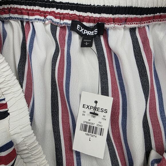 Express Romper Women Large White Stripe Off Shoulder Ruffle Belted Casual Jumper - Picture 2 of 16